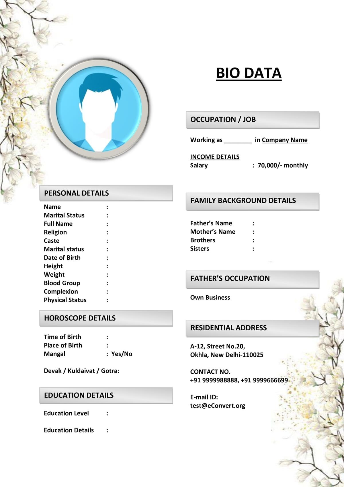 Bio Resume for Marriage in Traditional Font