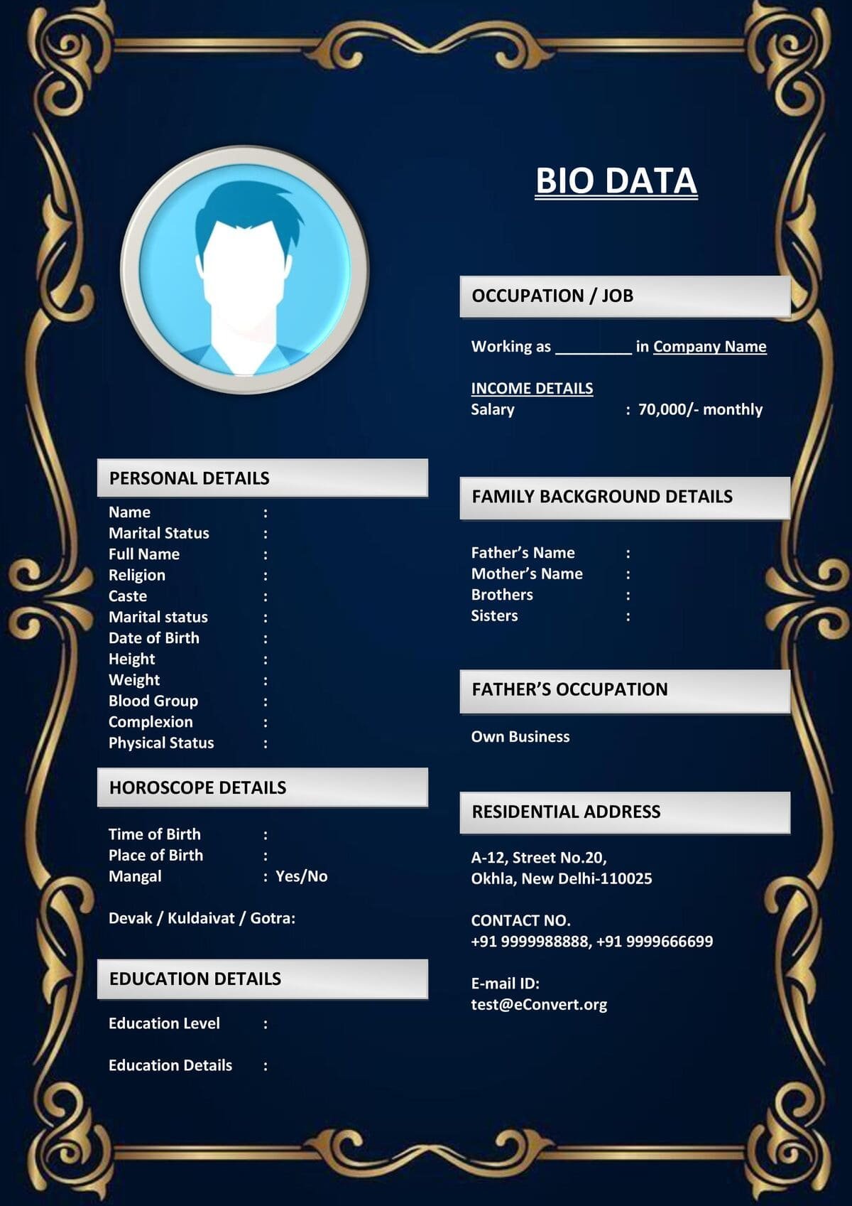 Bio Template with Editable Religion & Language Fields for Marriage