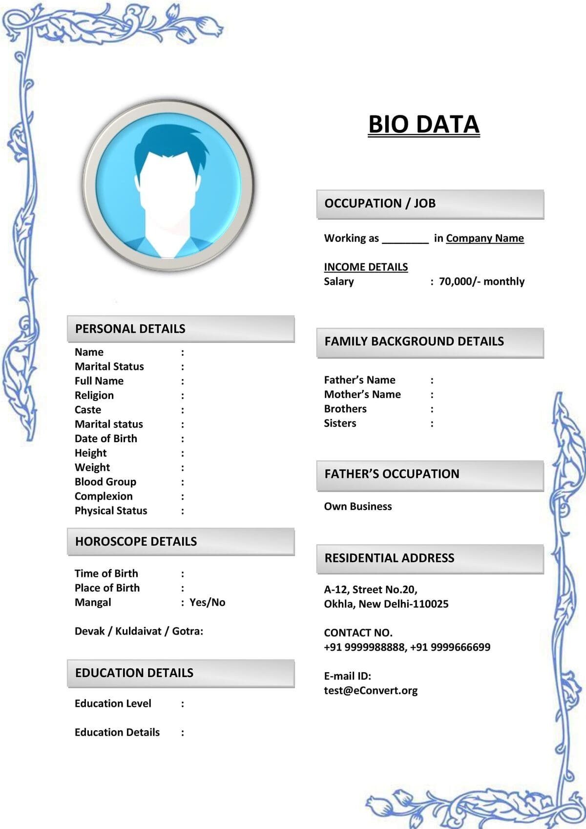 Bio for Marriage with Editable Contact Info