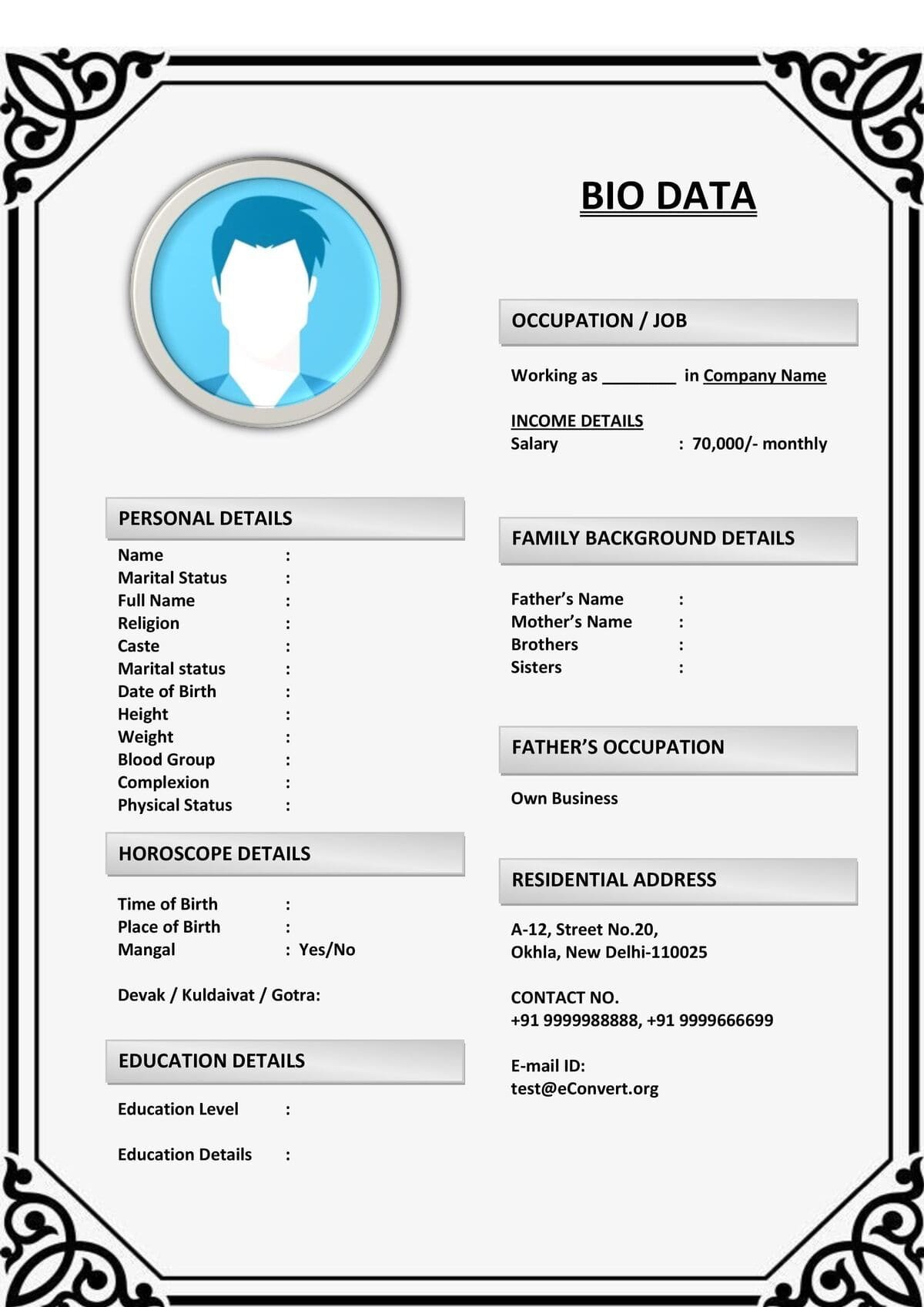 Biodata Format for NRIs in Matrimony