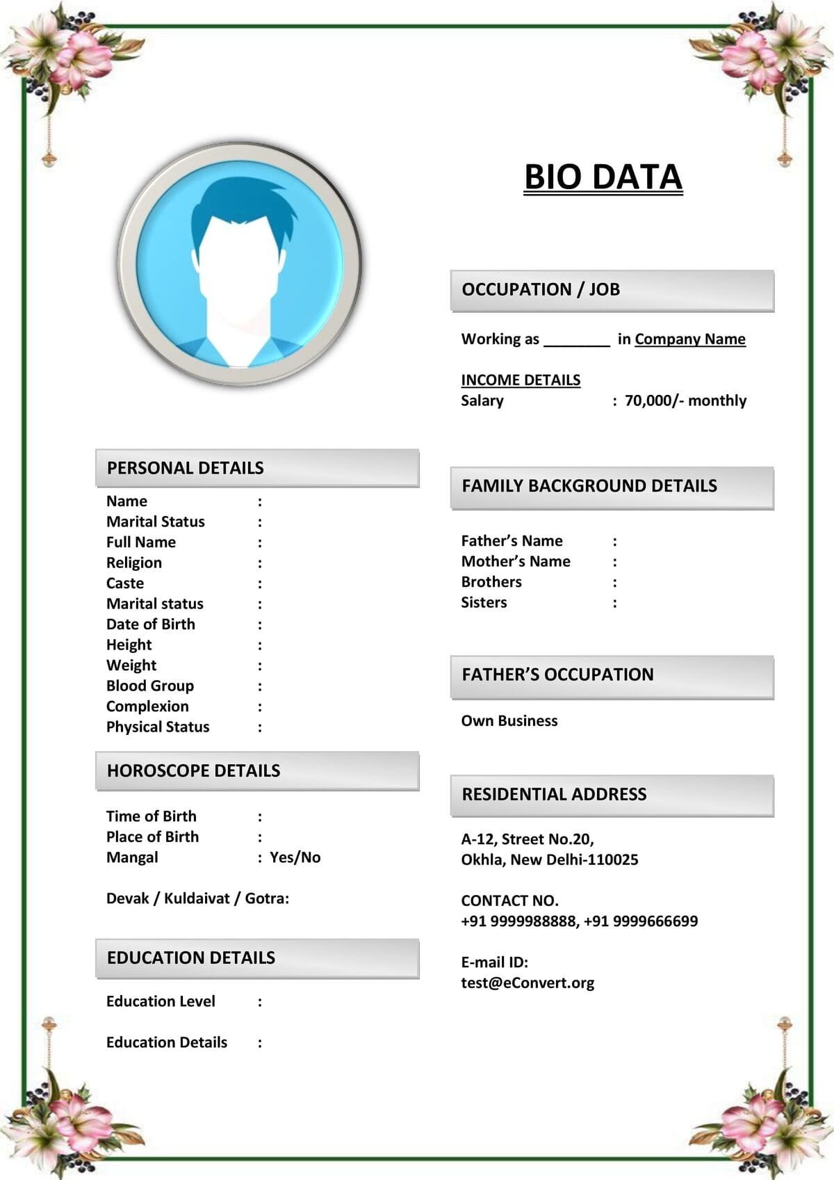 Biodata Template with Editable Footer Notes