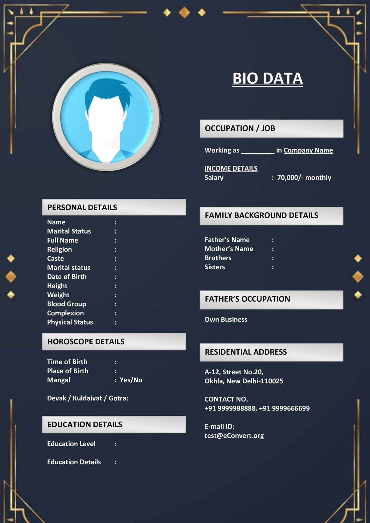 Biodata Template with Horoscope Matching Option