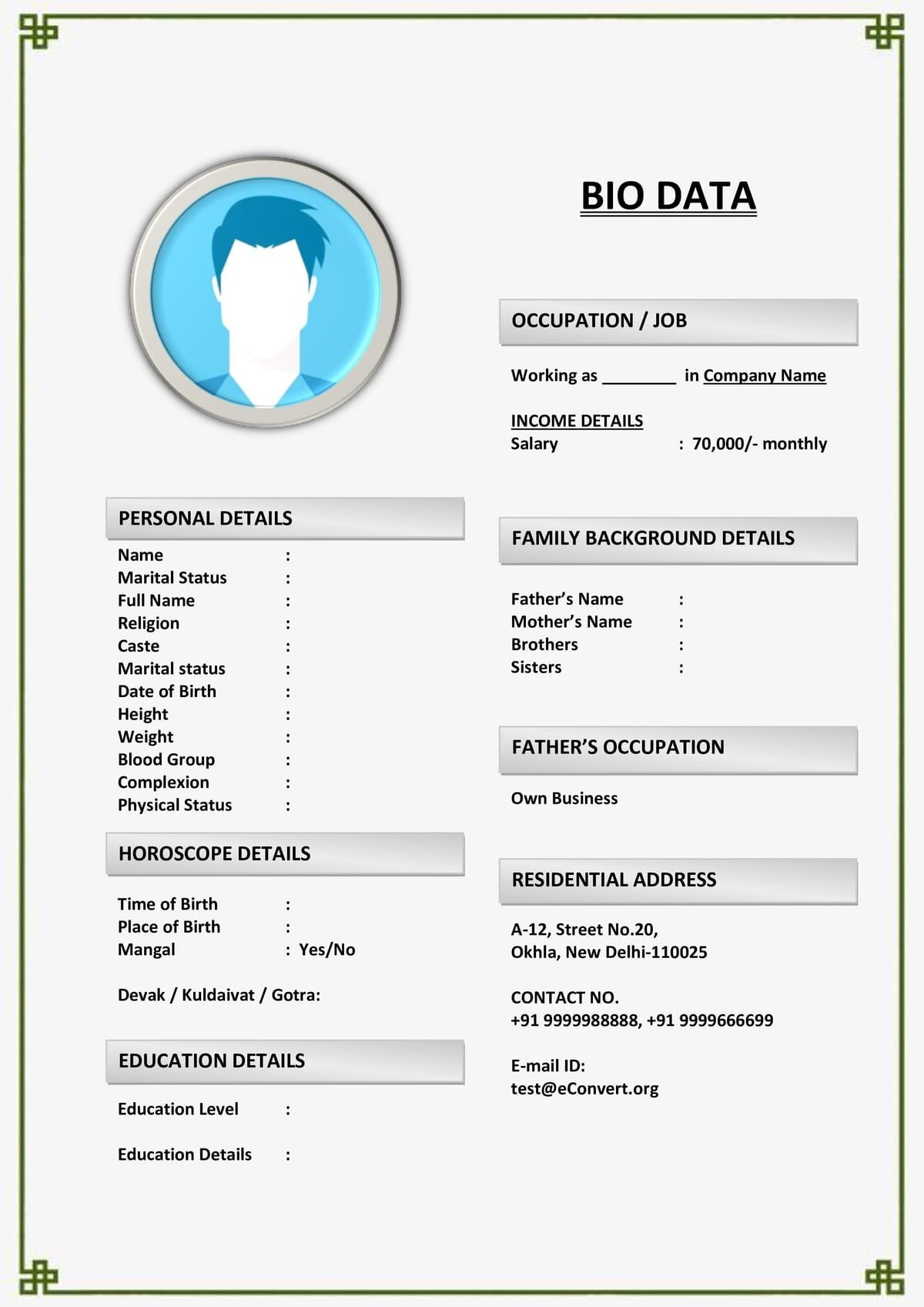 Biodata Template with Lifestyle Info
