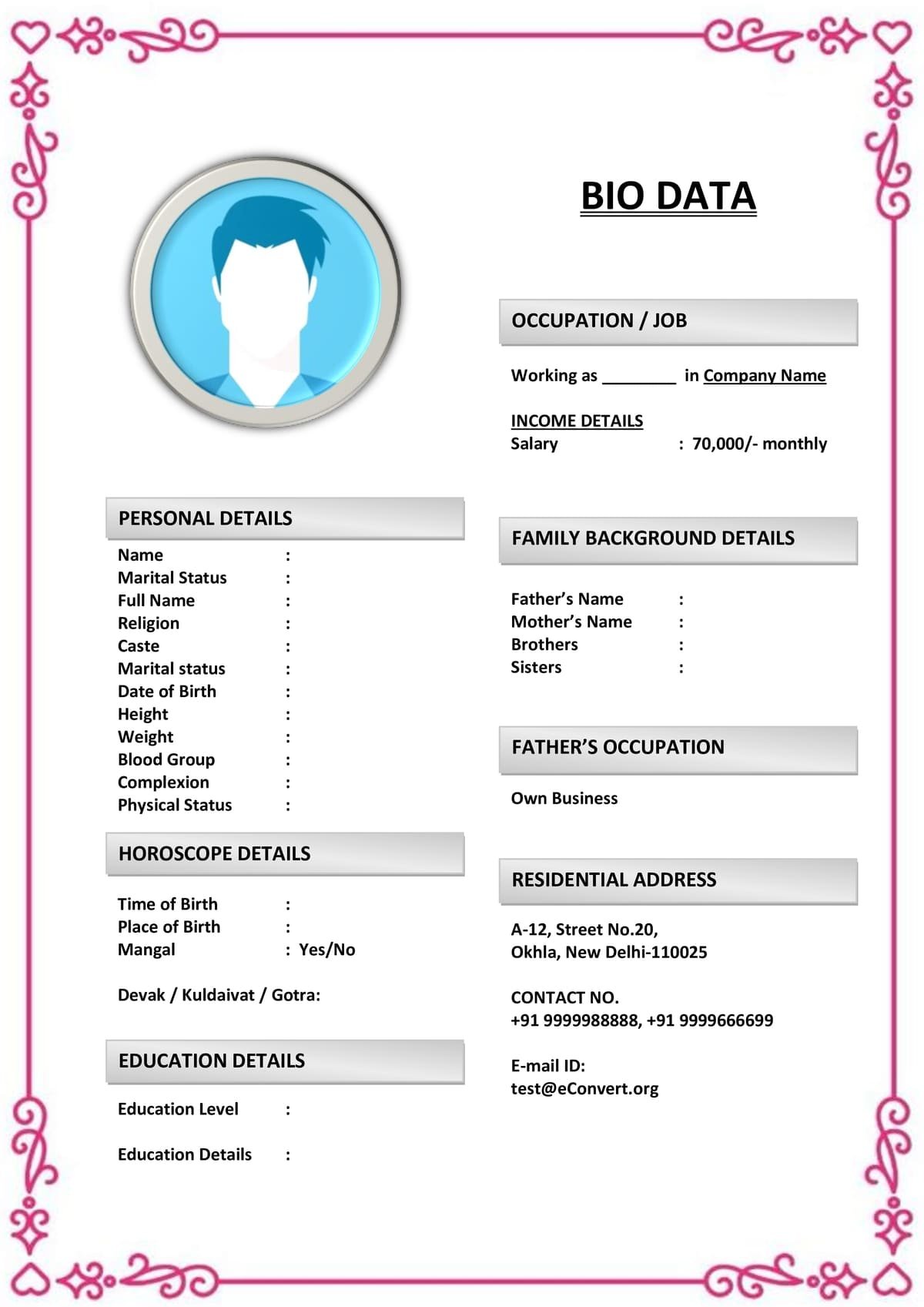 Biodata Template with Religious Preference Field