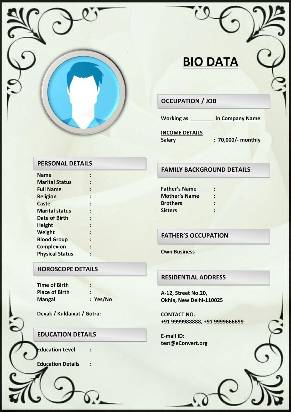 Biodata for Intercultural Matrimony