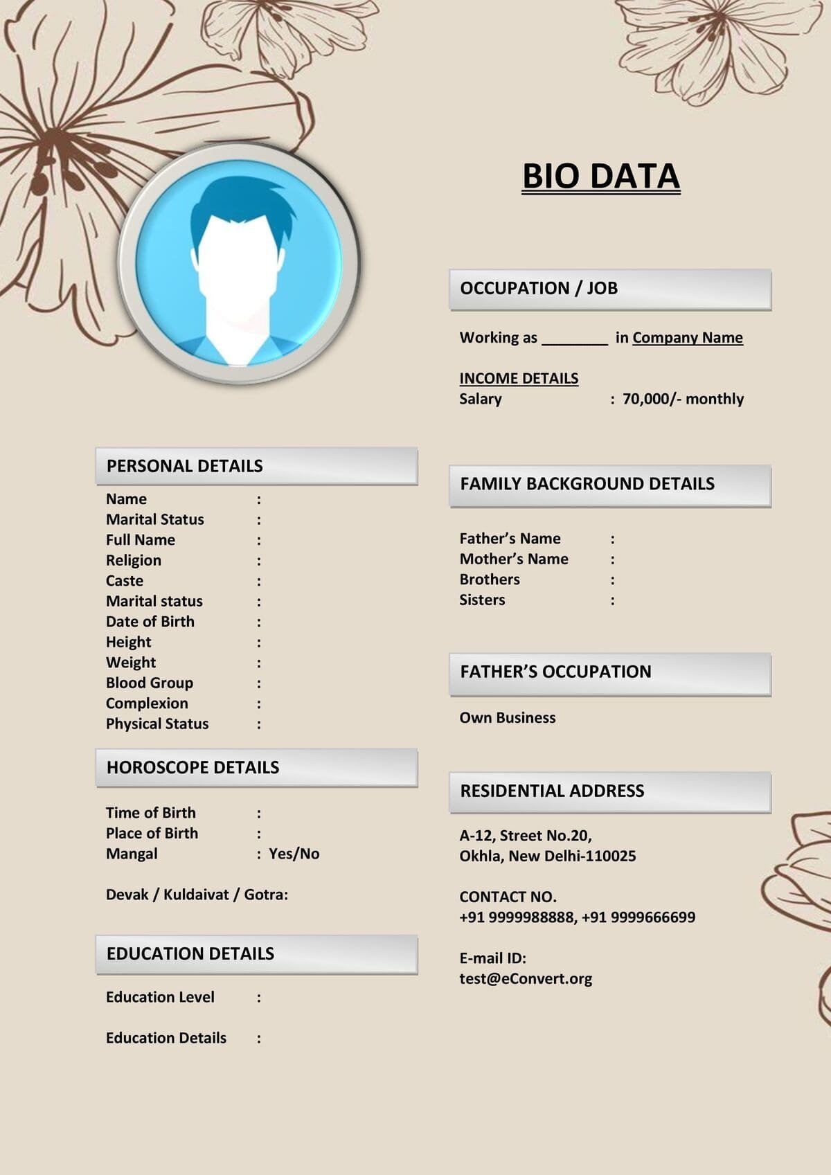Biodata for Marriage with Simple Grid Layout