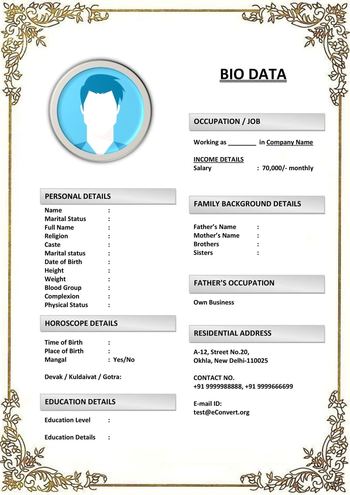 Bride Marriage Resume with Profile Picture Slot