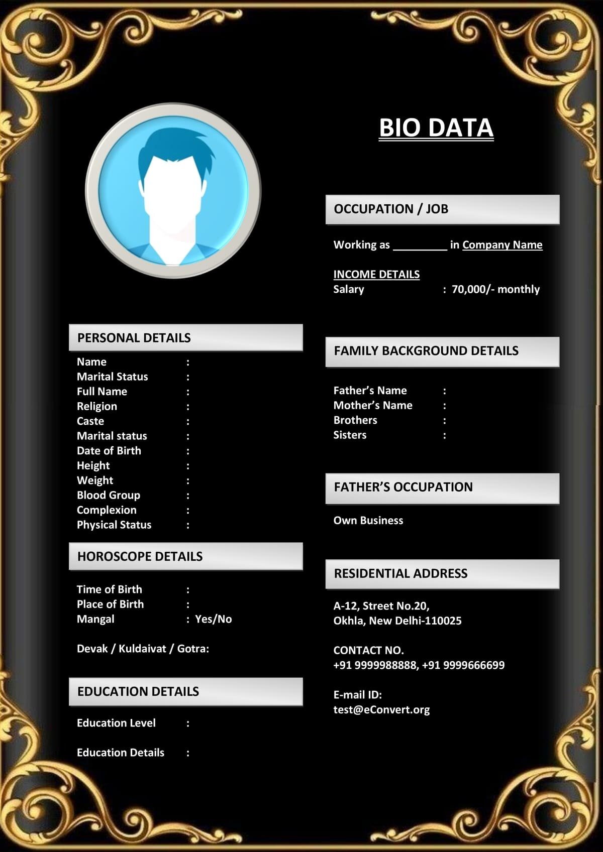 Christian Matrimony Biodata Layout