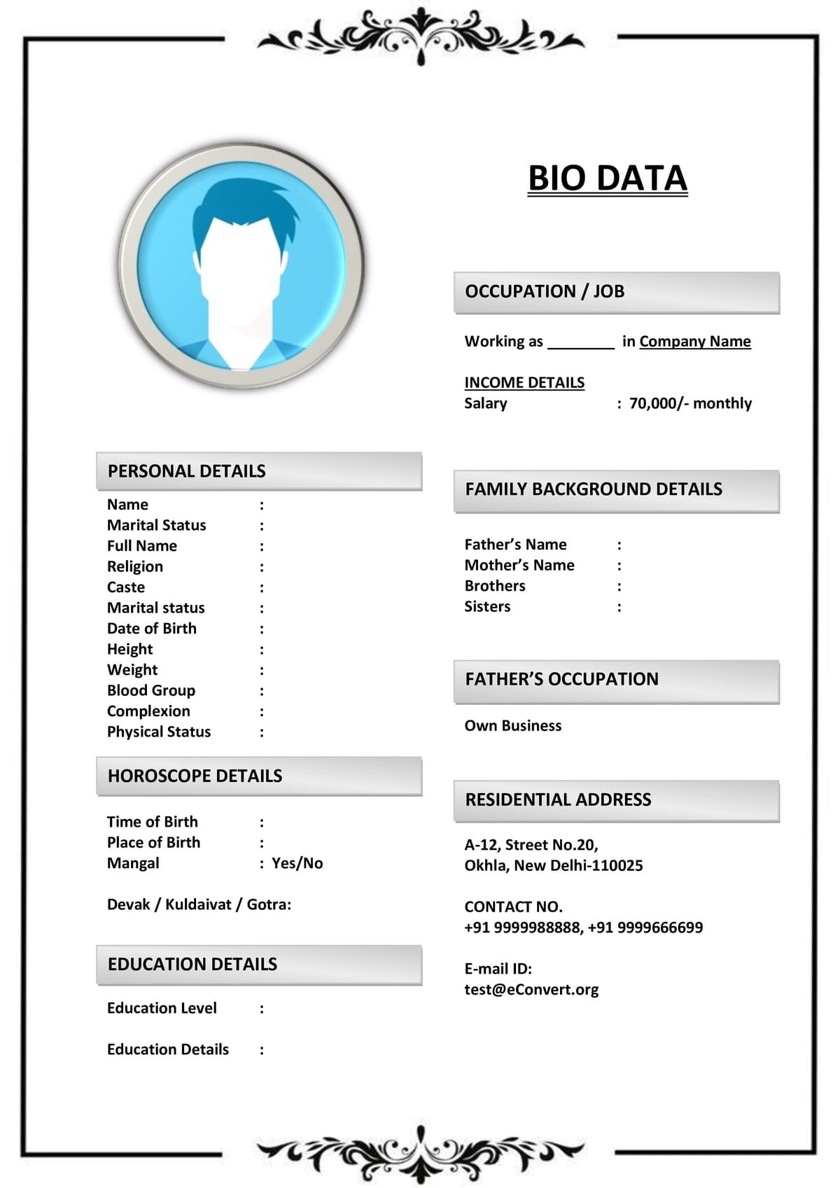 Clean & Formal Marriage Biodata for Men