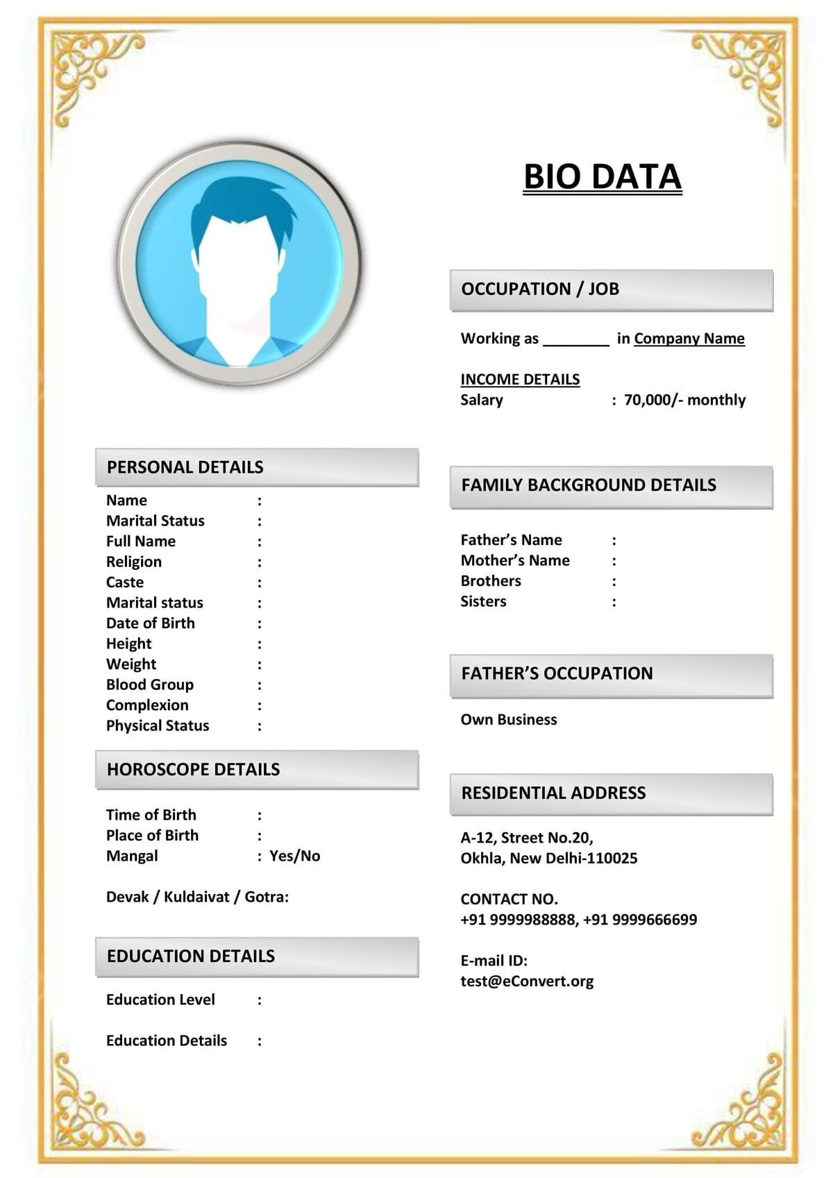 Formal Marriage Biodata Format with Sections