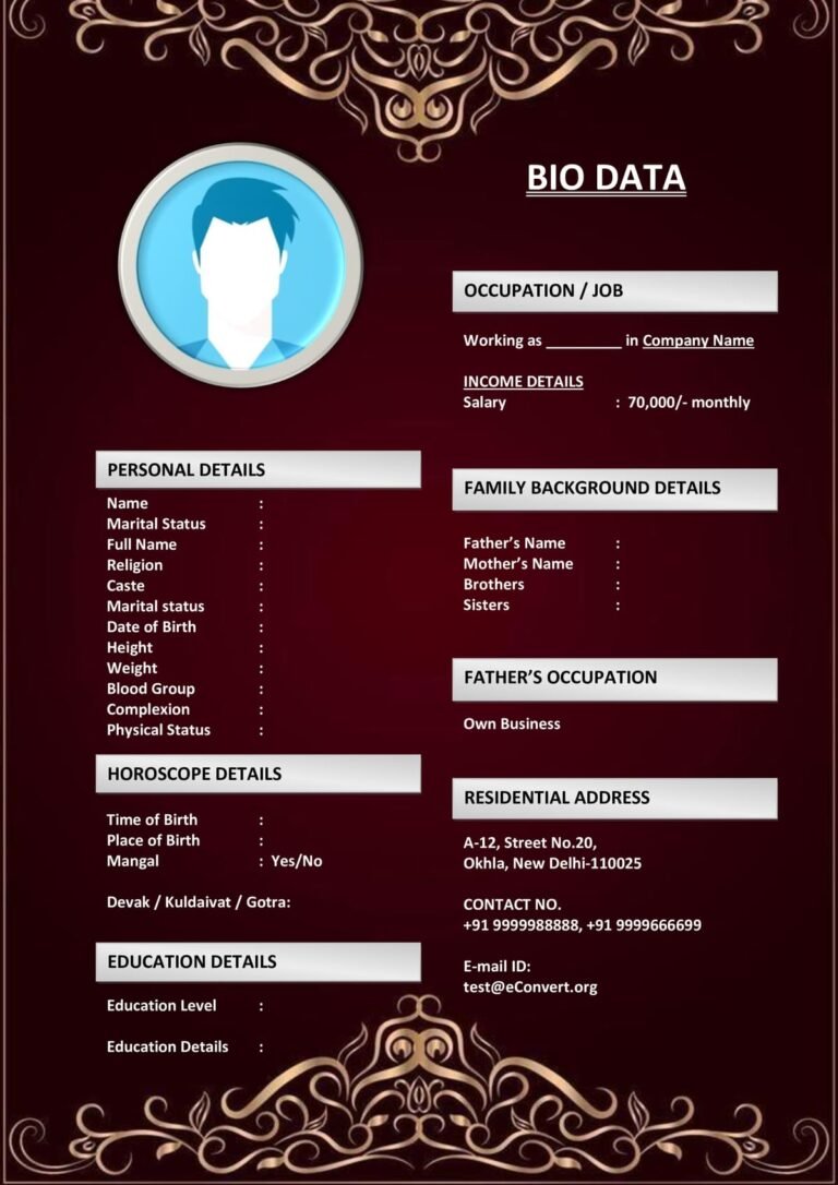 Free Modern Marriage Biodata in Word Format (Download in Word)