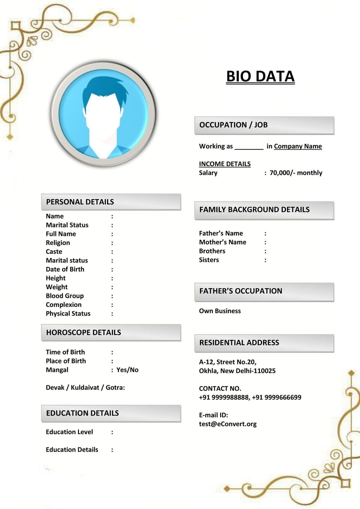 Groom Bio Format with Personal Statement for Marriage