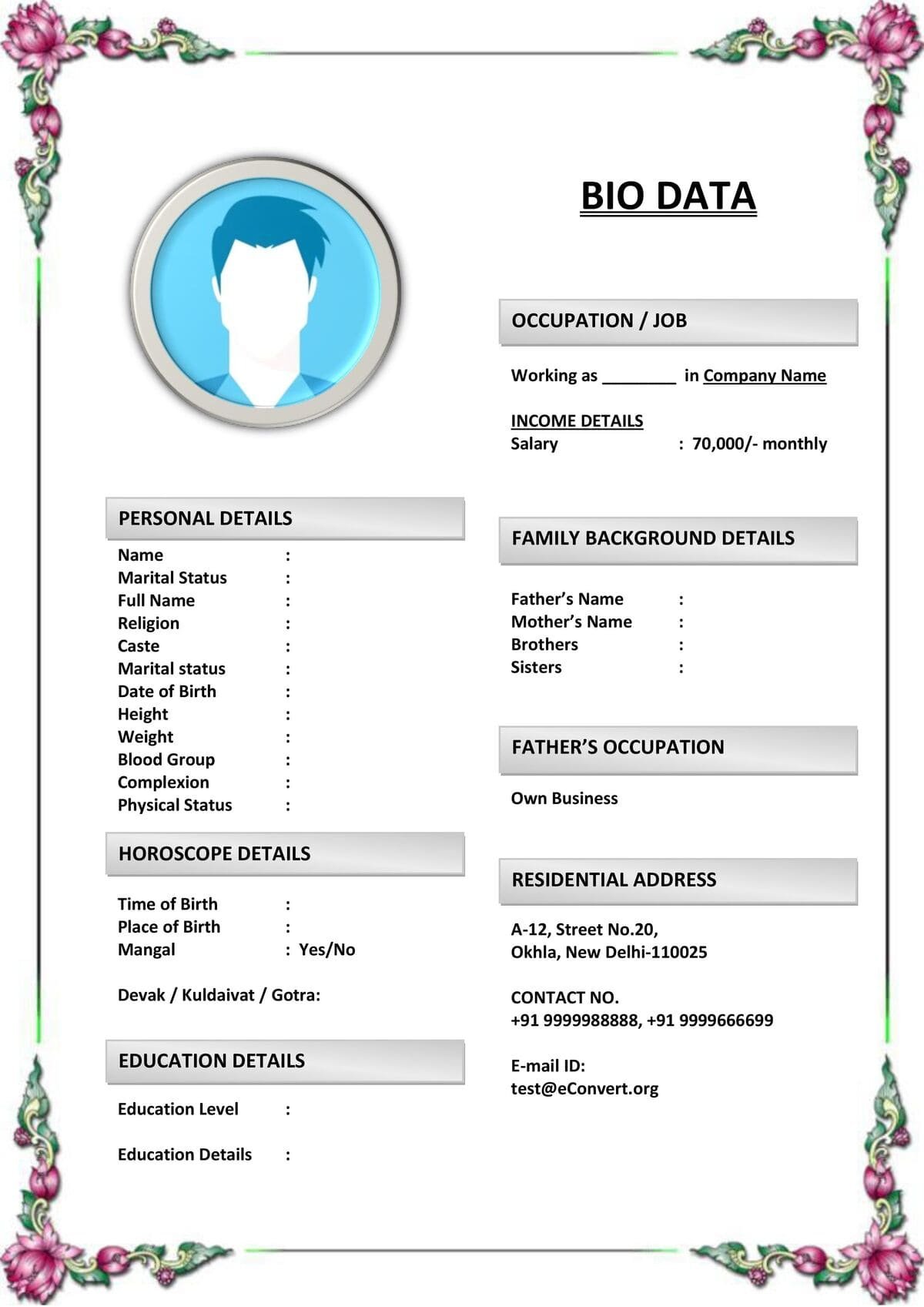 Groom Resume Format for Marriage in India