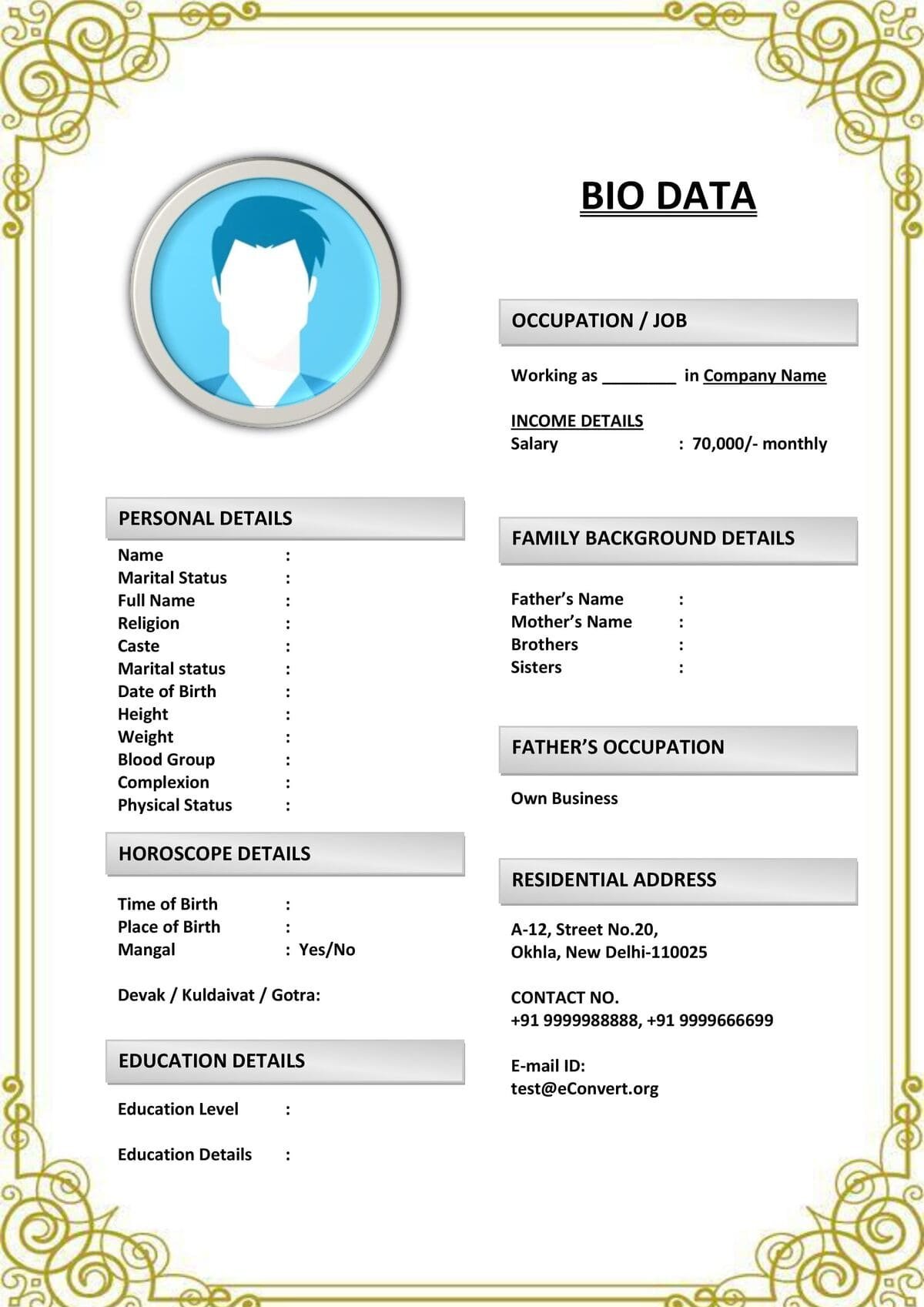 India-Specific Marriage Resume in Word