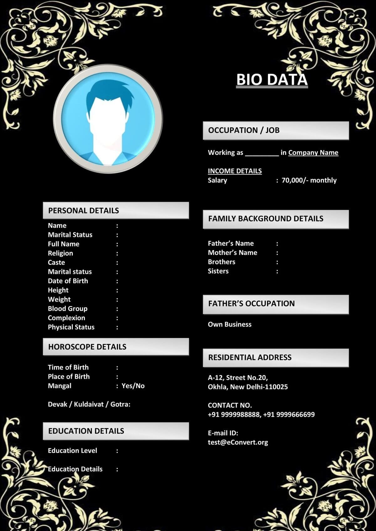 Indian Bride Bio Format with Custom Fonts for Marriage