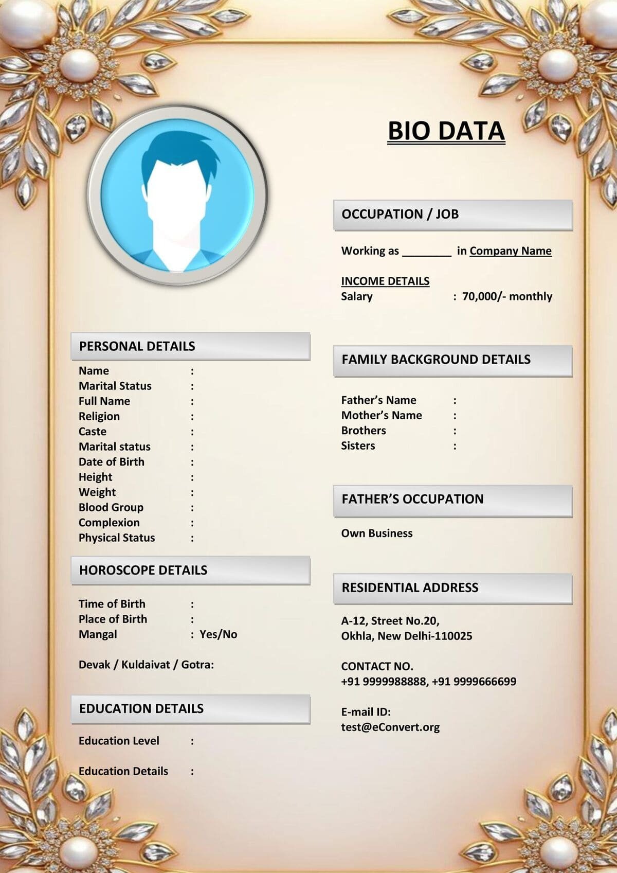Indian Marriage Biodata with Full Profile Section
