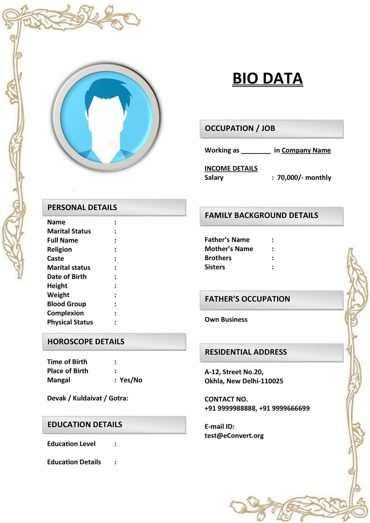 Marriage Bio-Data with Personal Interests Highlighted