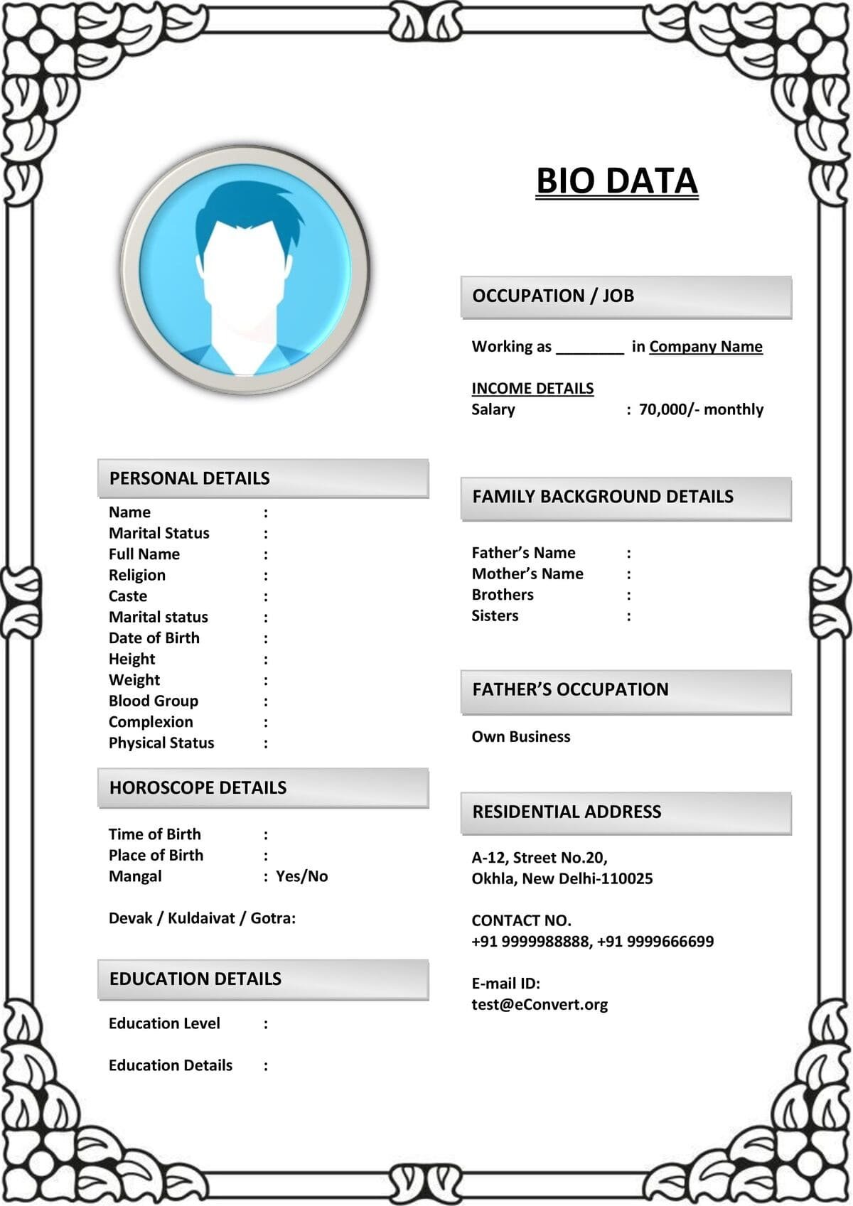 Marriage Bio Template with Editable Margins