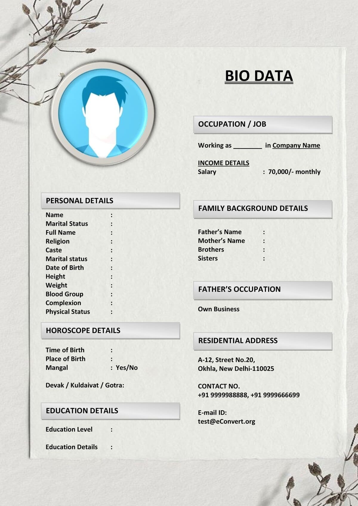 Marriage Resume Sample for Entrepreneurs