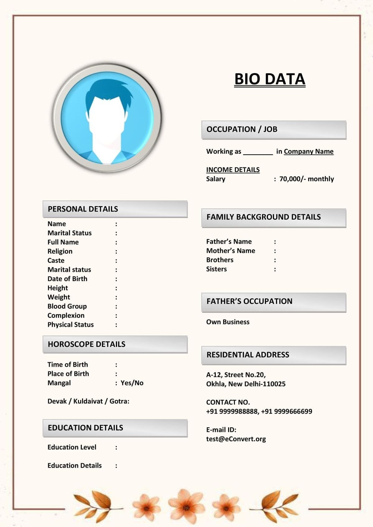 Matrimonial Profile in Blue Theme Word Doc