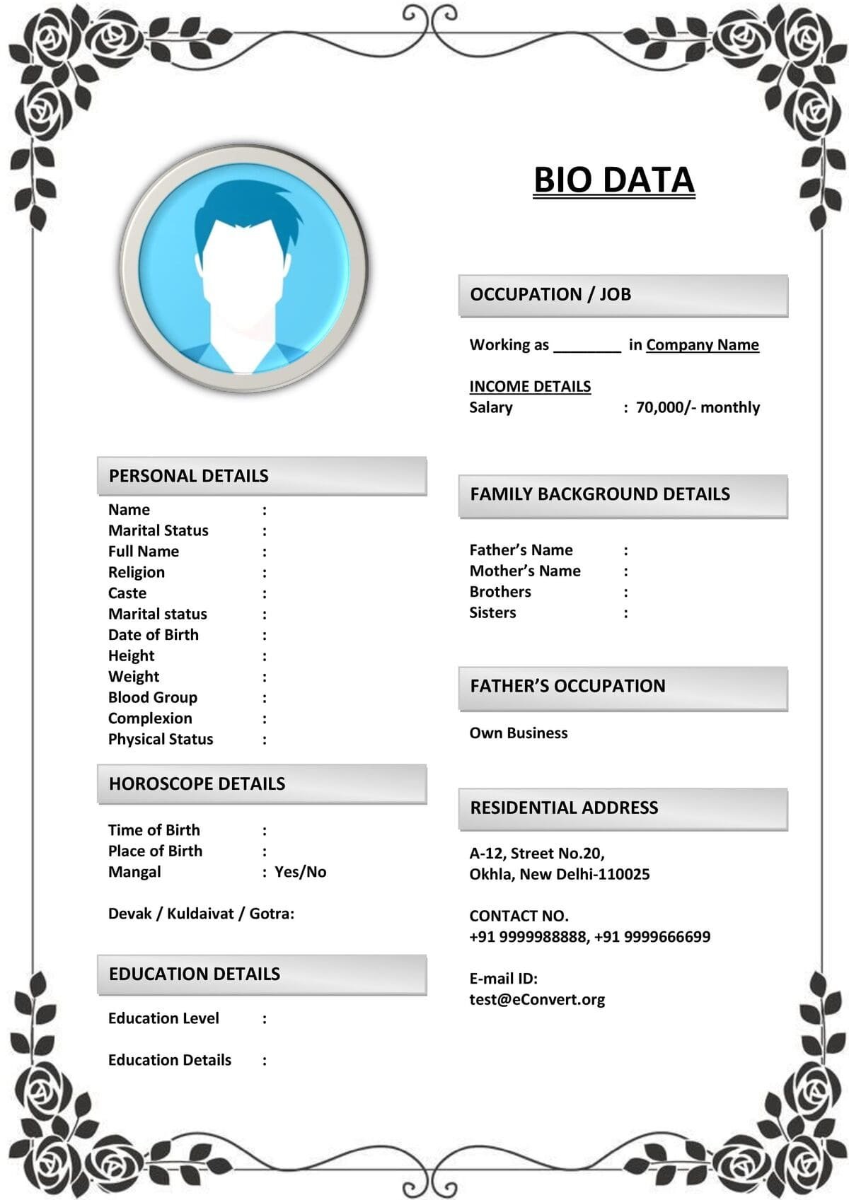 Matrimony Resume in Formal Word Document for Marriage