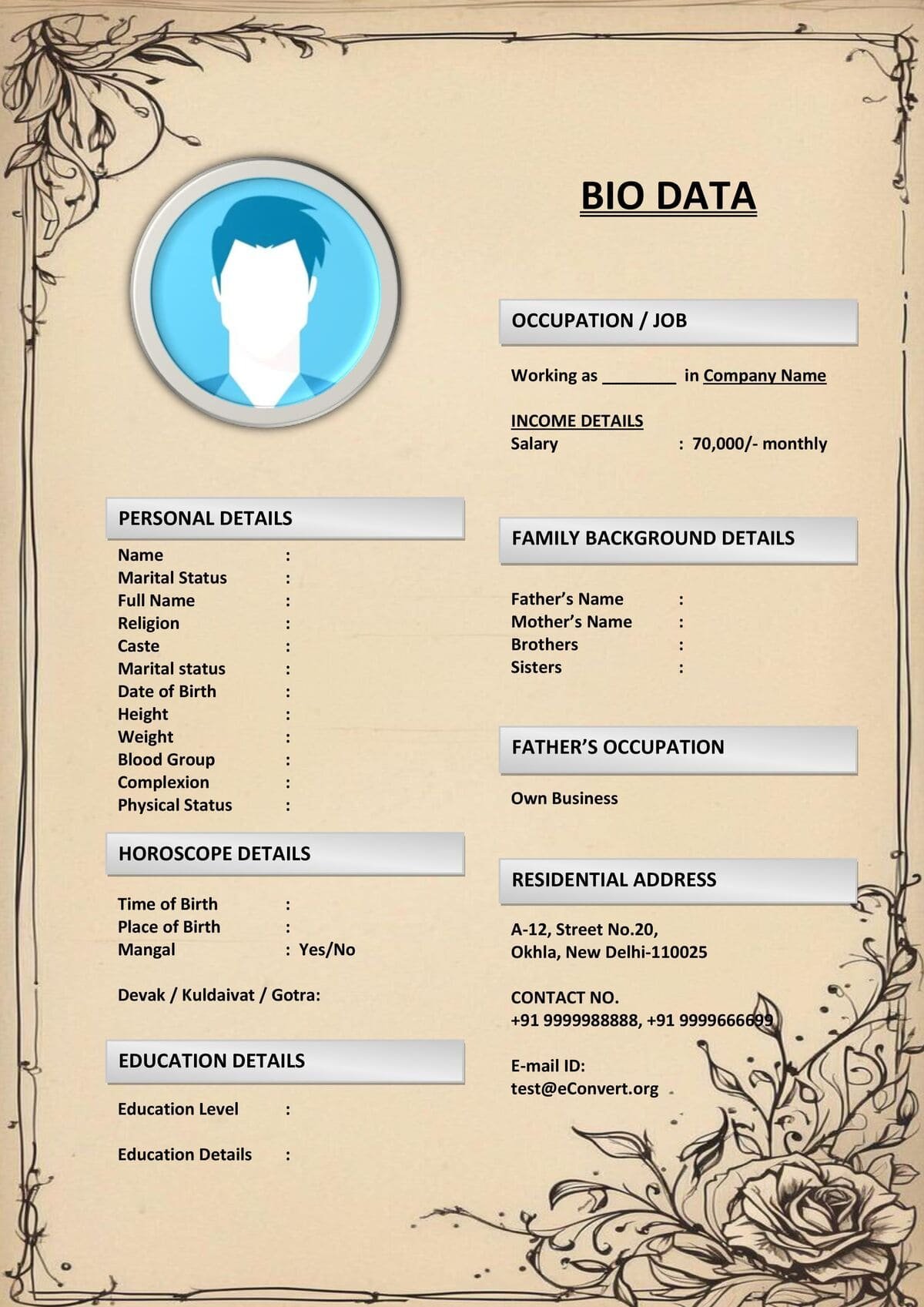 Modern Look Matrimonial Biodata Template