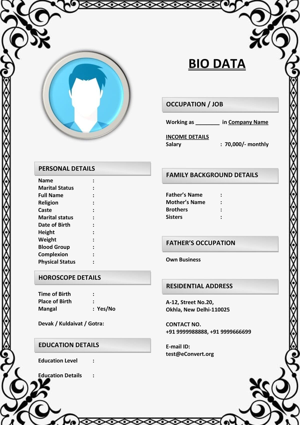 One Page Clean Marriage Biodata for Working Women