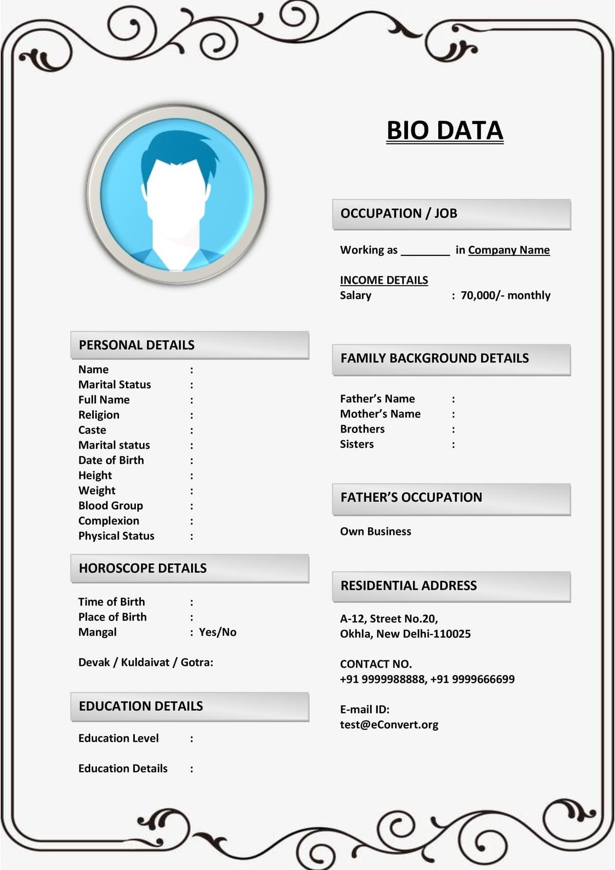 Printable Marriage Biodata in Word Format