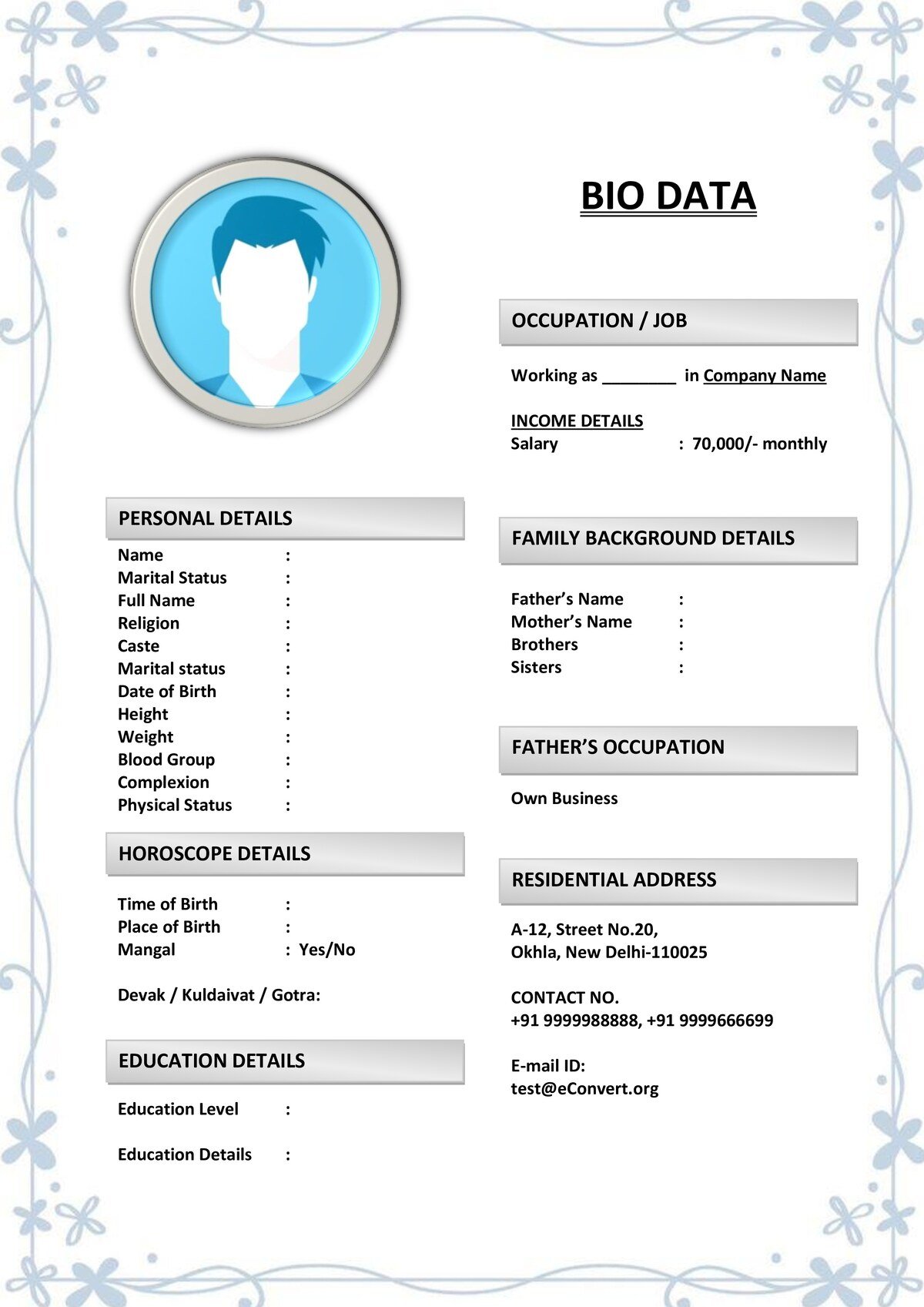 Resume for Marriage Profiles with Two Columns