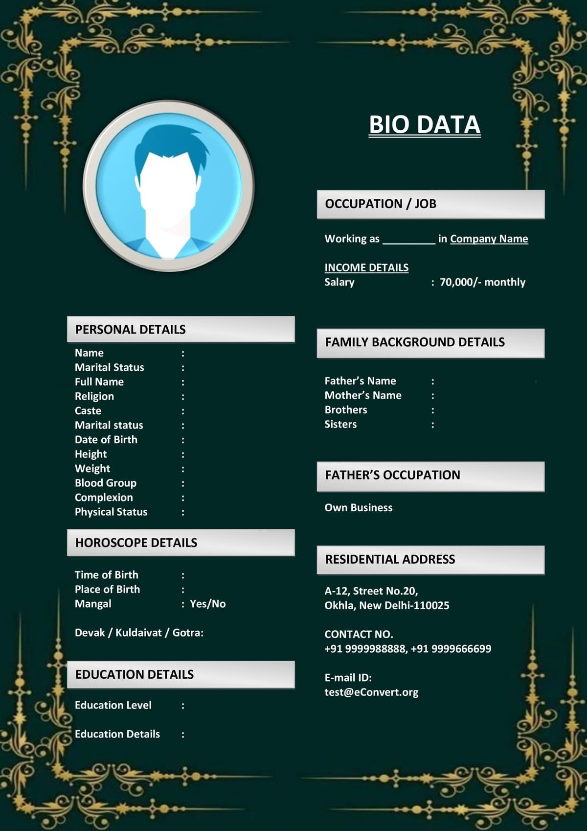 South Indian Marriage Biodata Format in Word
