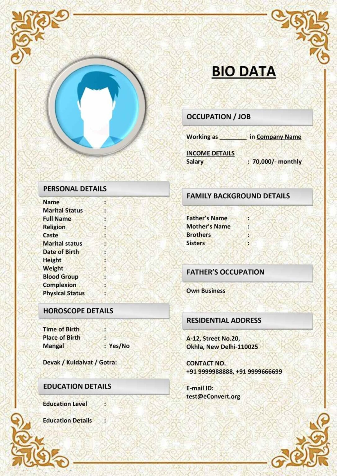 Tamil Matrimony Biodata Format for Groom (Download in Word)