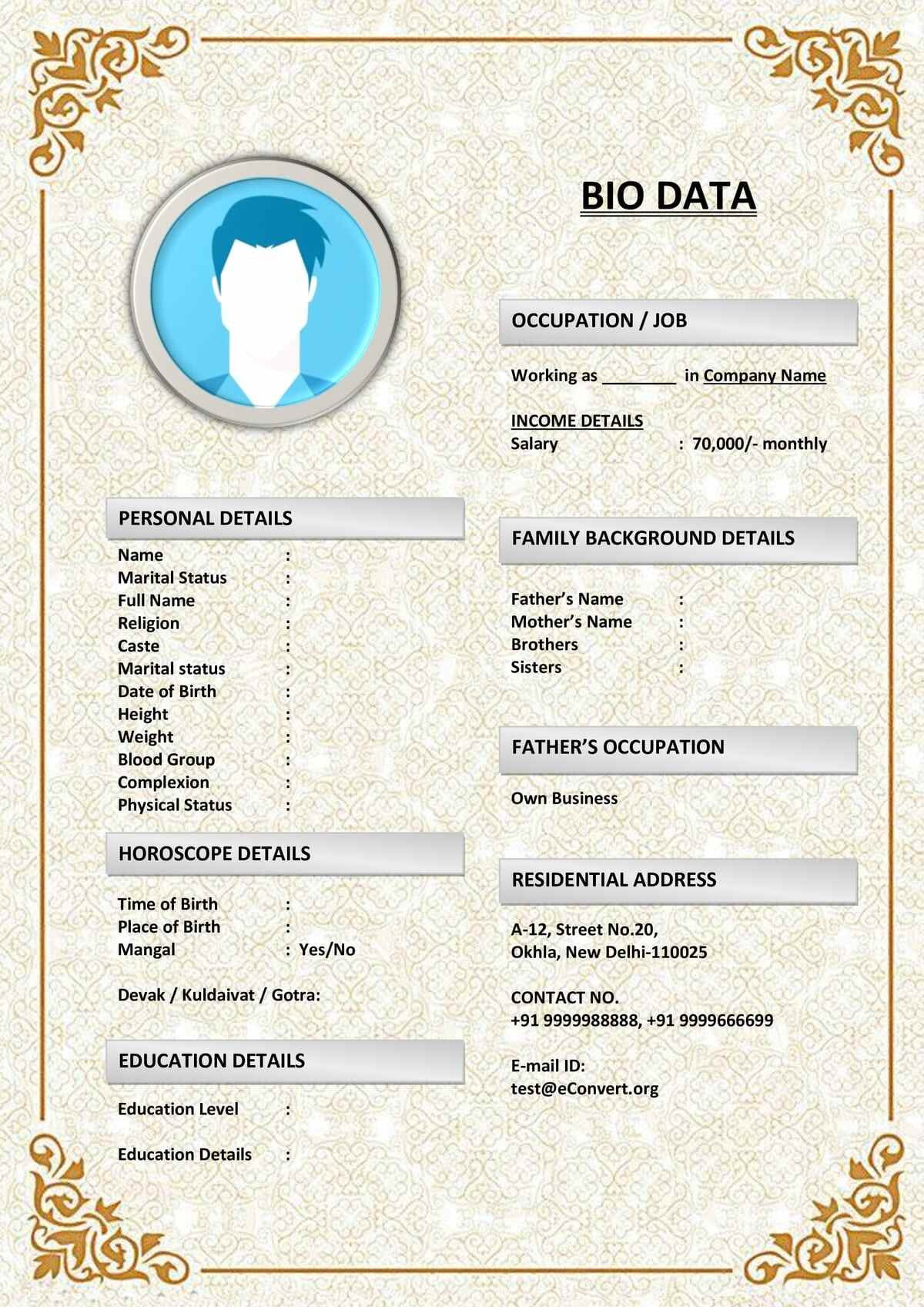 Tamil Matrimony Biodata Format for Groom