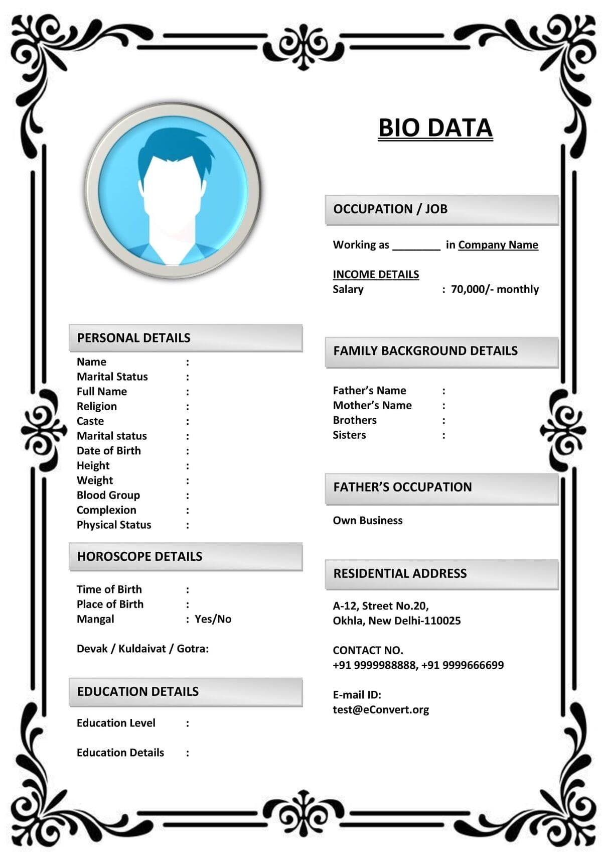 Traditional Marriage Resume with Regional Touch