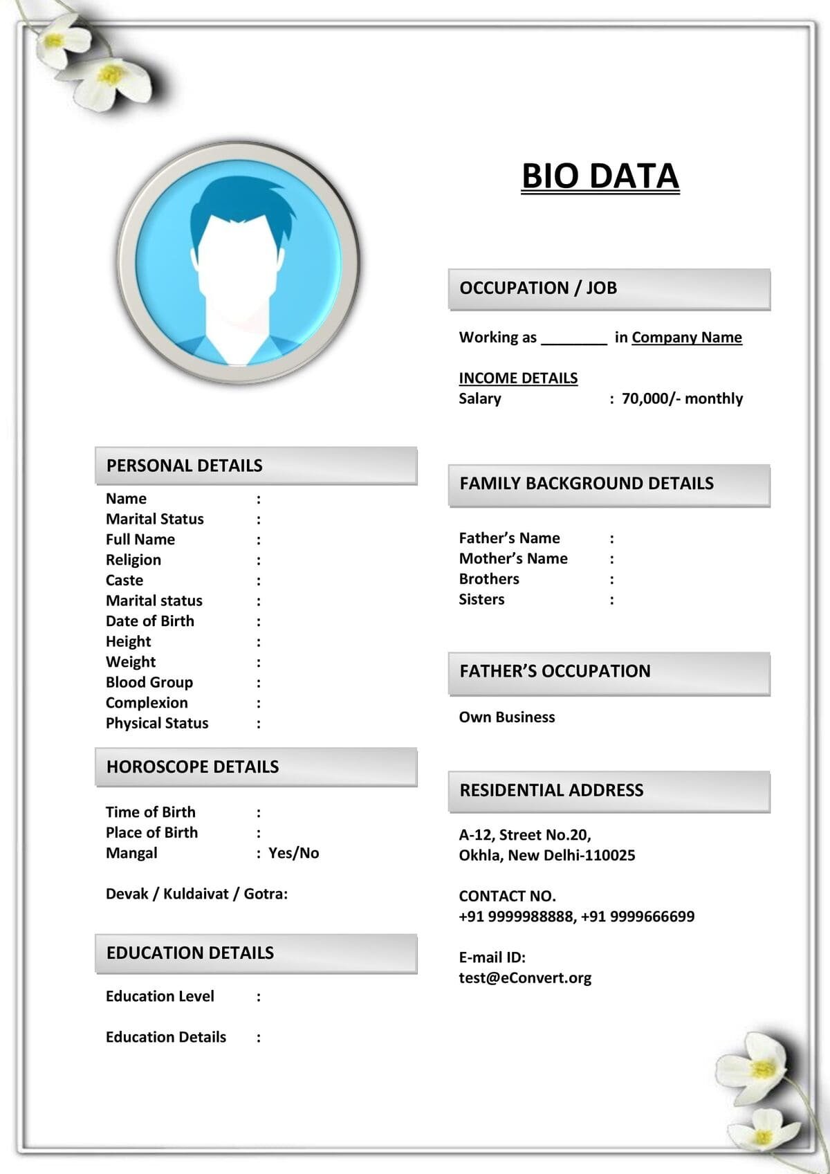 Well-Designed Marriage Biodata with Editable Table