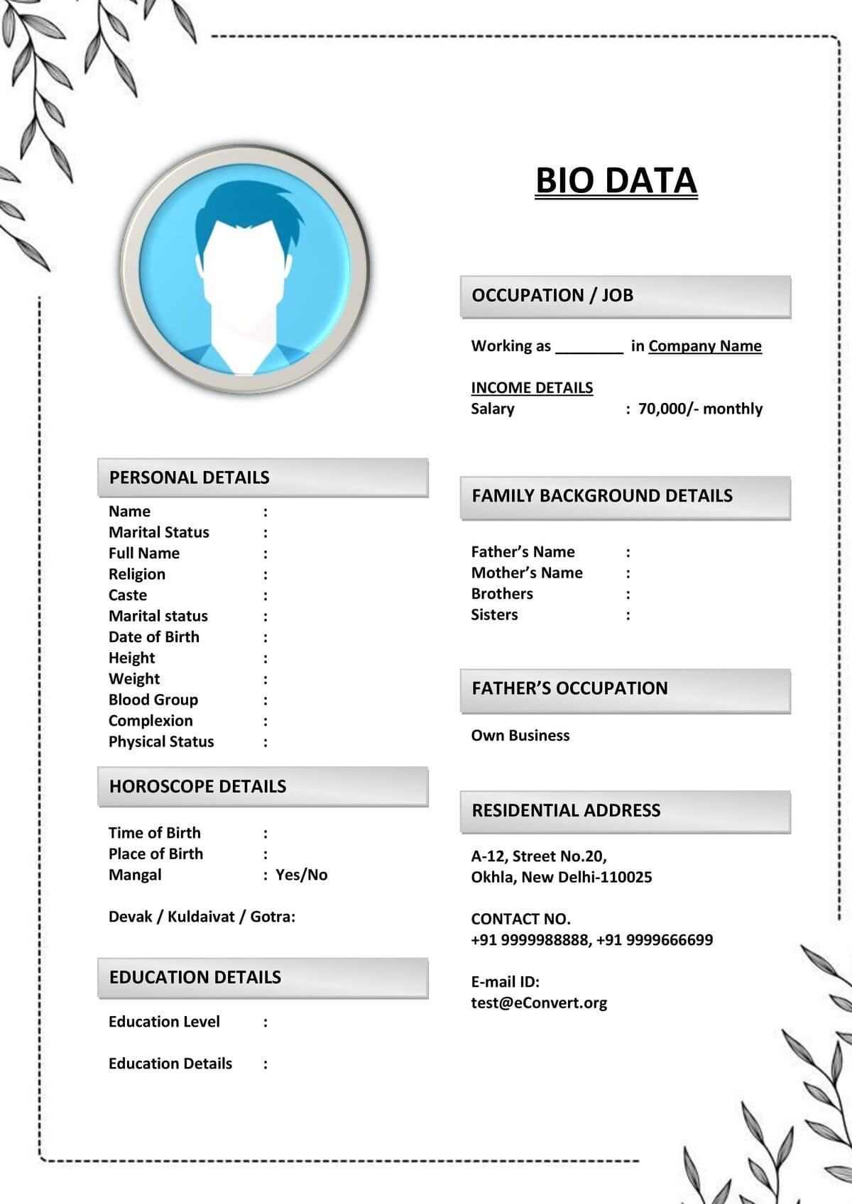 Word Biodata Format for Marriage Agencies