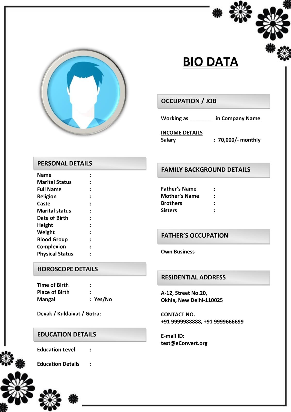 Word Biodata Template with Family Photo Slot