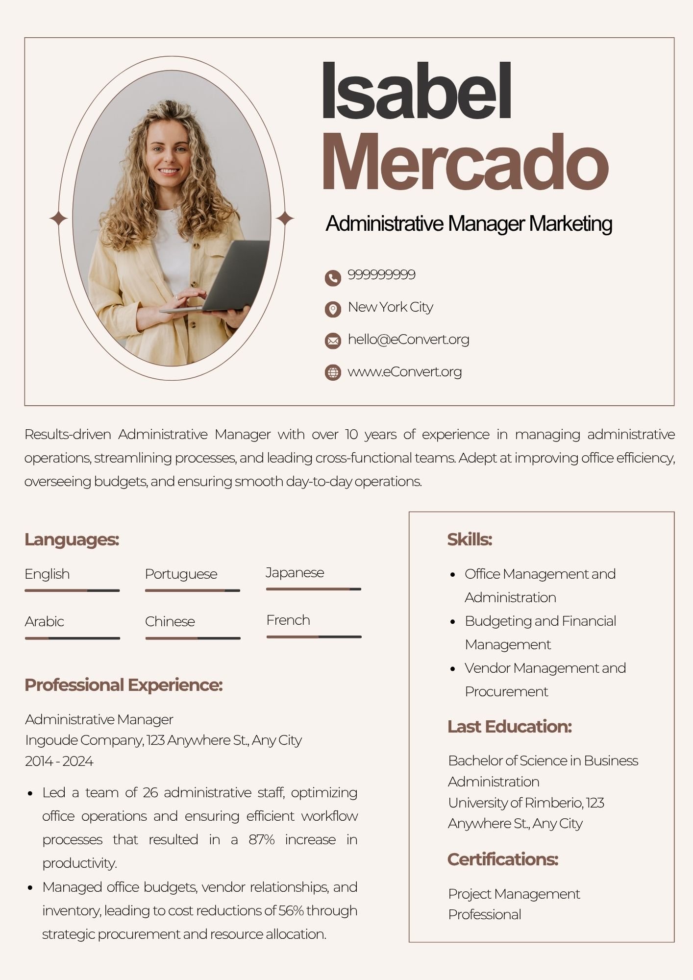 Administrative Manager Marketing Resume