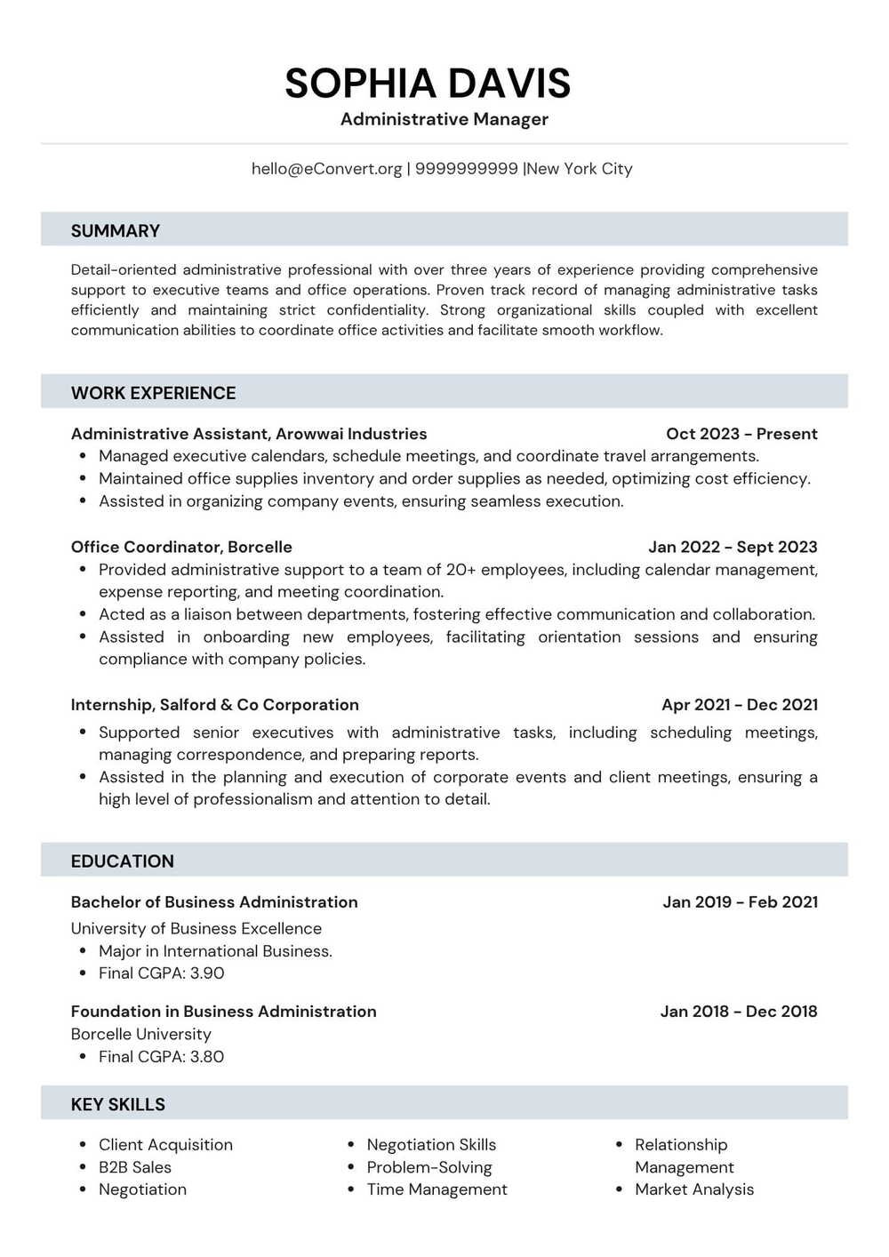 Administrative Manager Resume