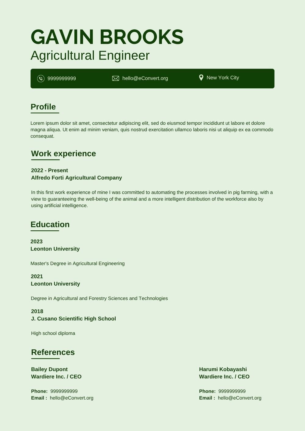 Agricultural Engineer Resume