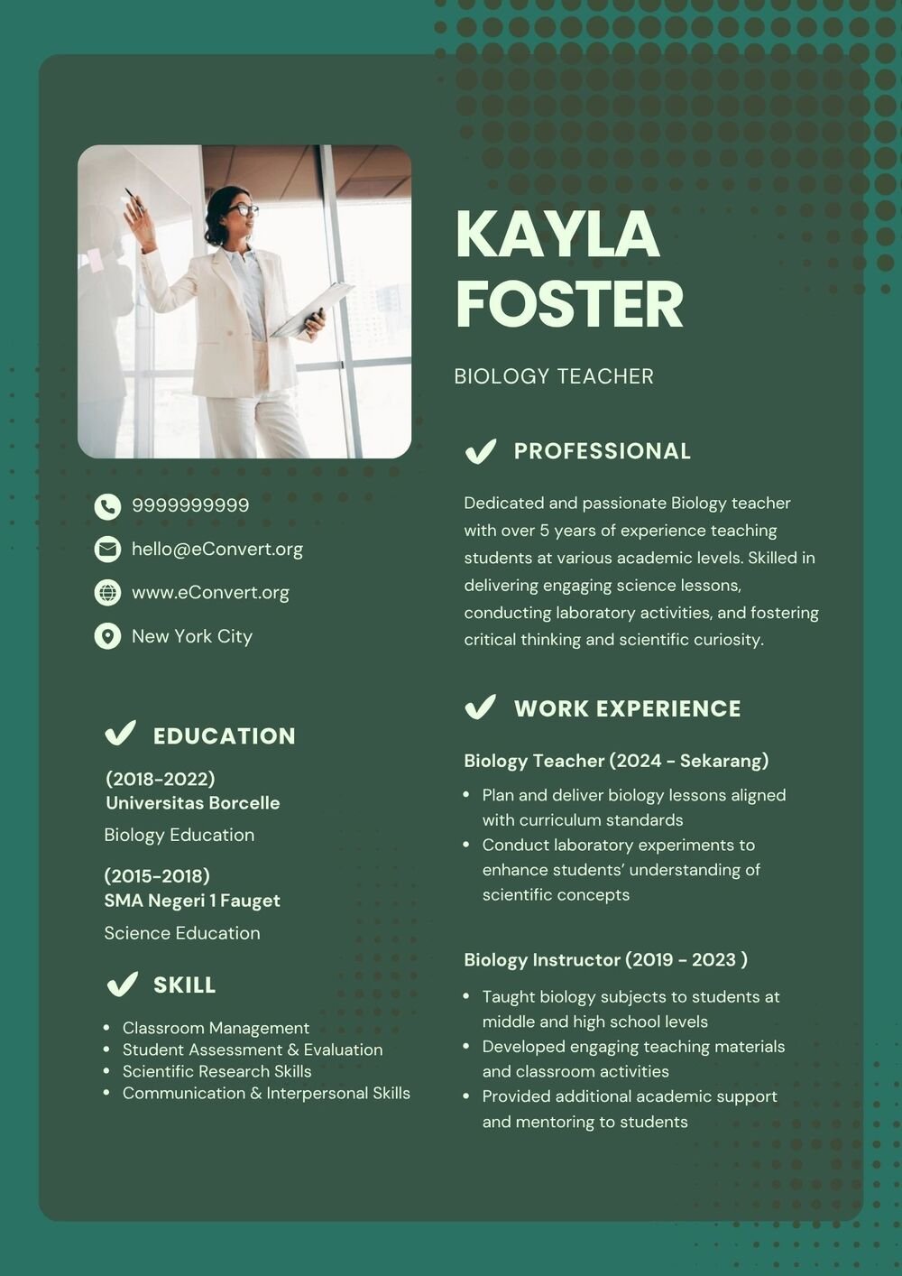 Biology teacher Resume