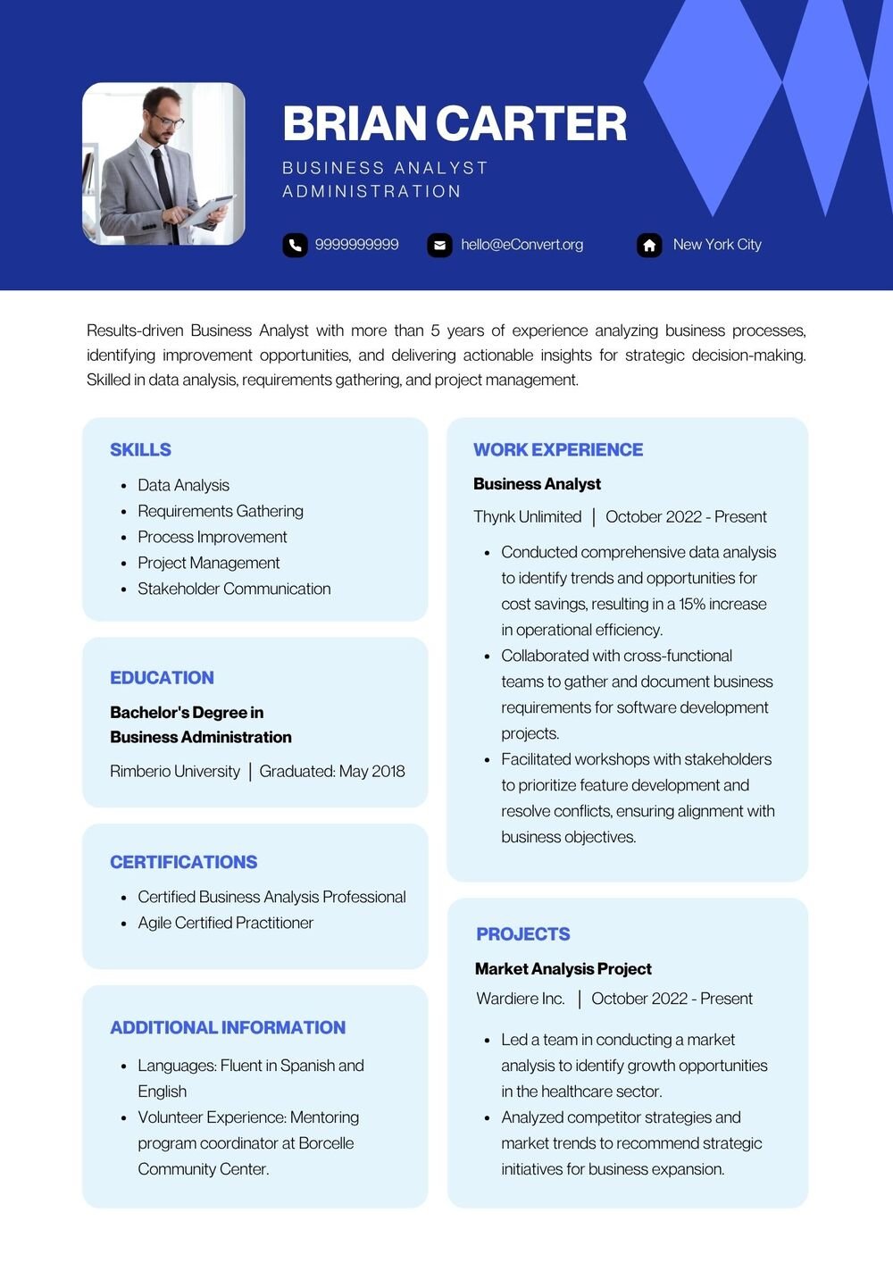 Business Analyst Administration Resume