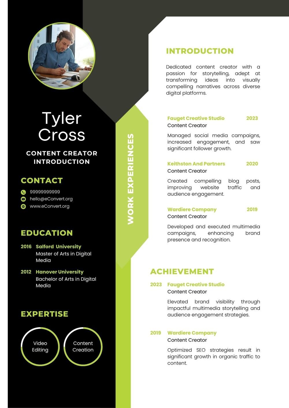 Content Creator Introduction Resume