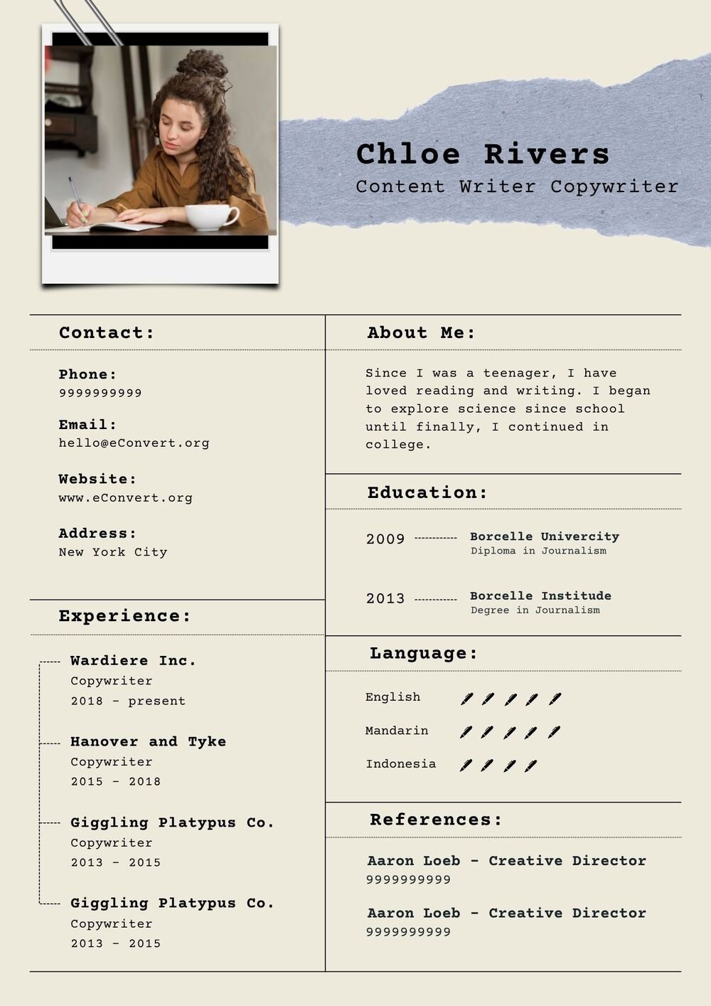 Content Writer Copywriter Resume