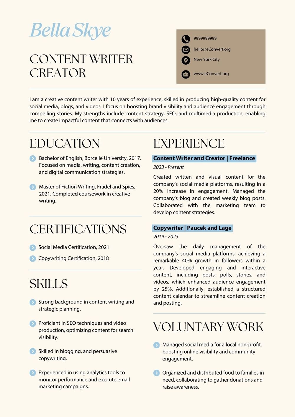 Content Writer Creator Resume