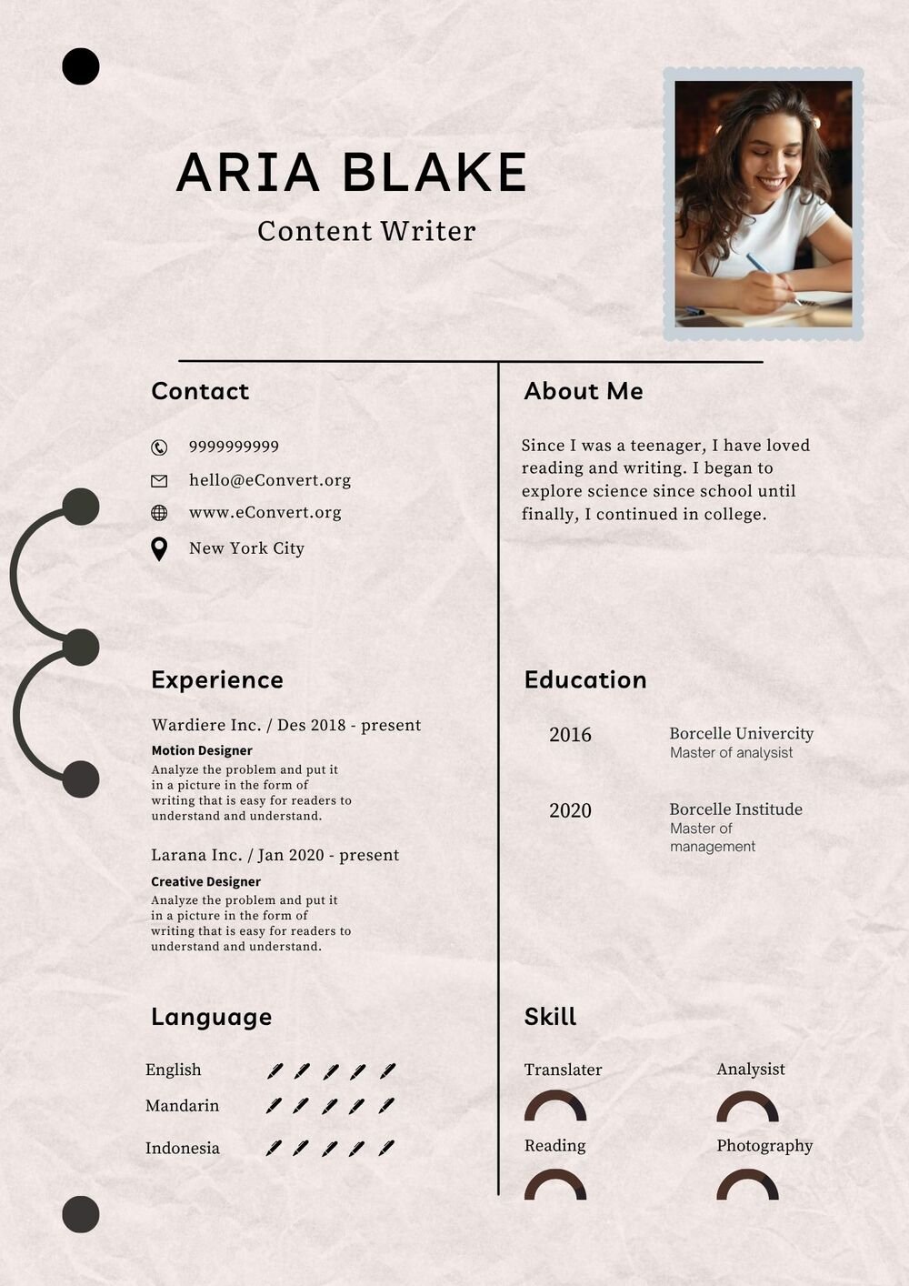 Content Writer Resume