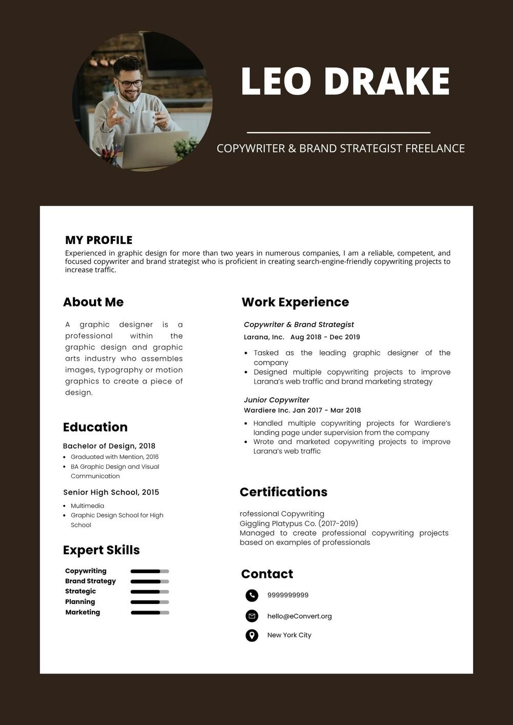 Copywriter & Brand Strategist Freelance Resume