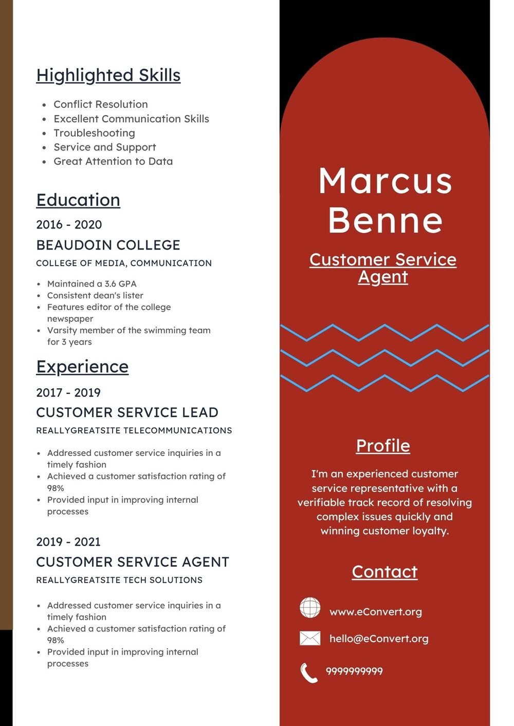 Customer Service Agent Resume