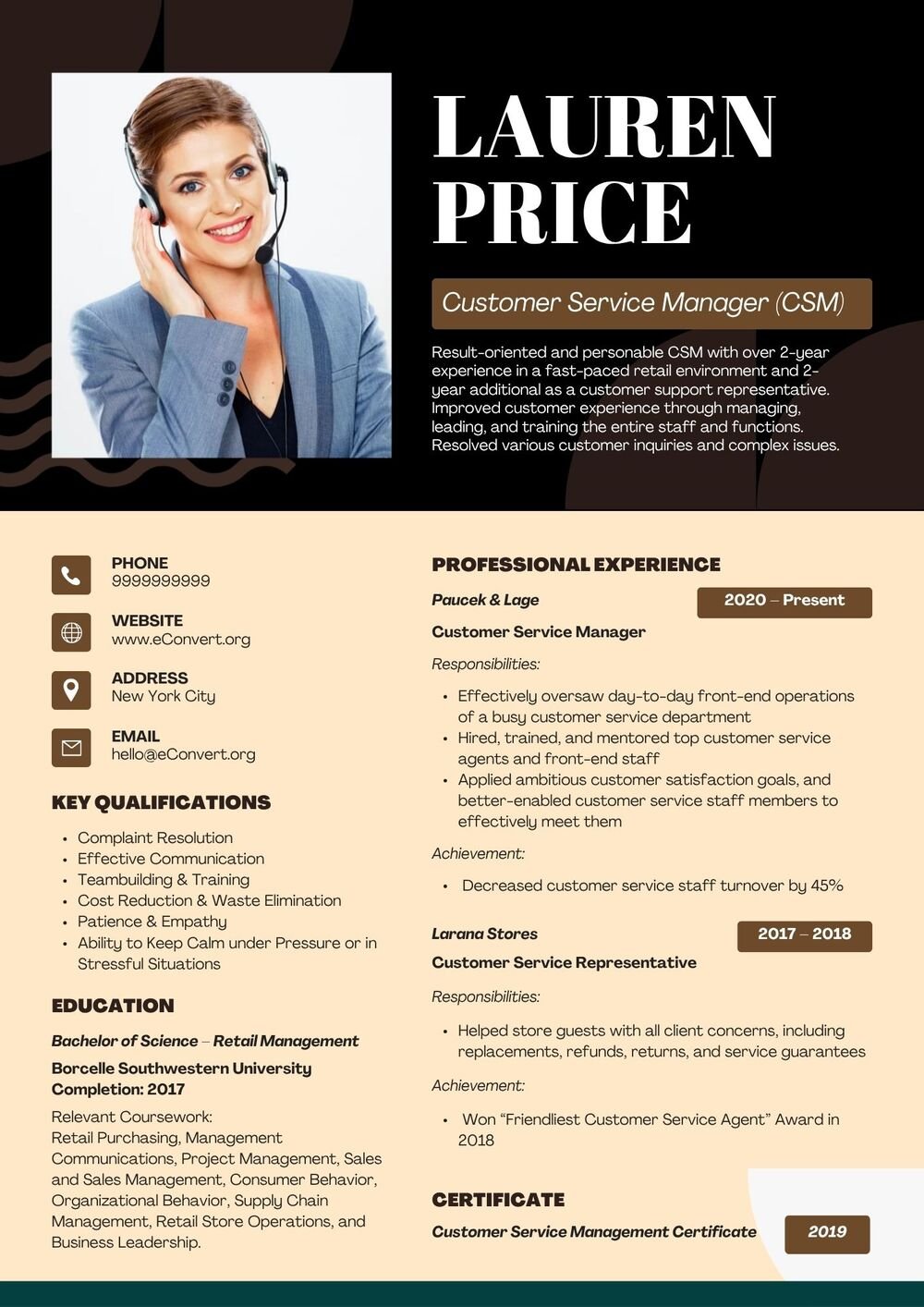 Customer Service Manager (CSM) Resume