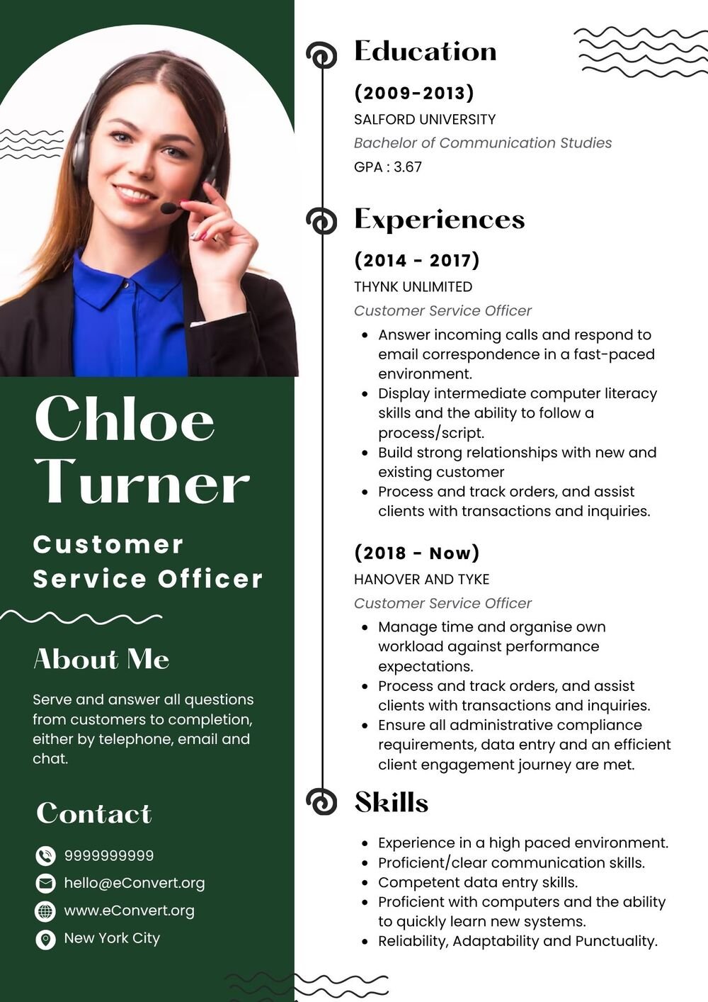 Customer Service Officer Resume