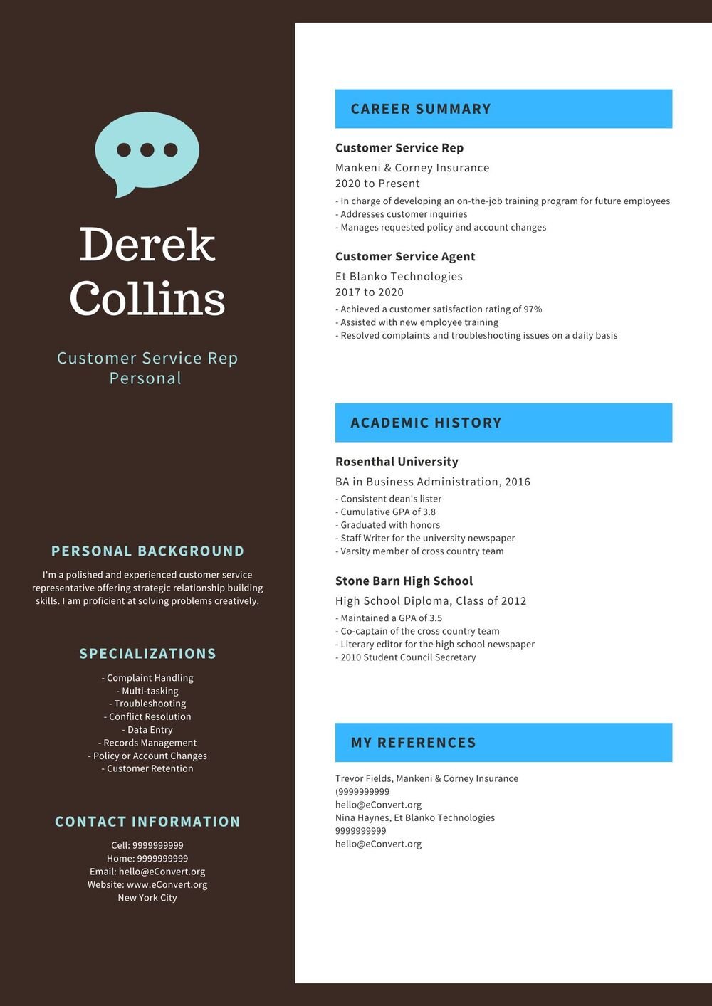 Customer Service Rep Personal Resume